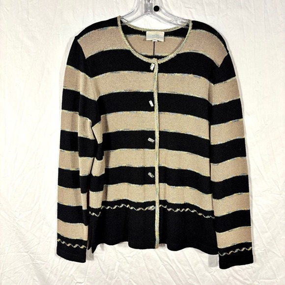 Anne Pedersen Sweaters - Vintage‎ Wool Blend Tan & Black Striped Cardigan Sweater Glass Buttons USA Made